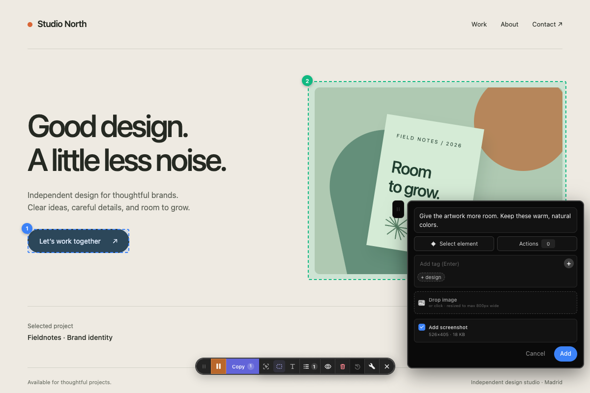 Drawing a rectangle around the branding artwork and adding a screenshot with a spacing request.