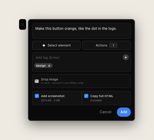 The annotation editor with Add screenshot and Copy full HTML enabled.