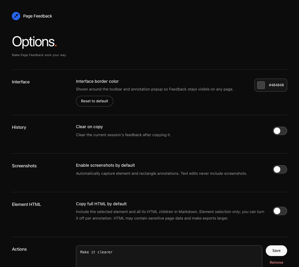 The redesigned dark options page with border color, clear on copy, screenshot and full HTML defaults.