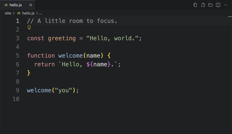 Real VS Code window showing sample JavaScript in Damln Minimal Dark.