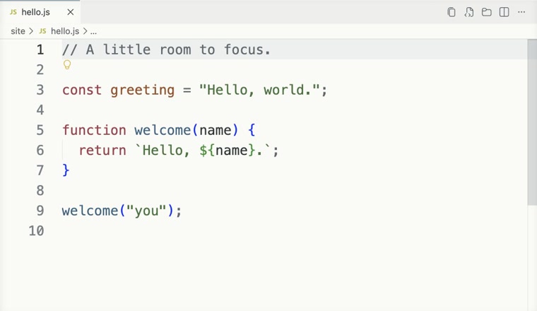 Real VS Code window showing sample JavaScript in Damln Minimal Light.
