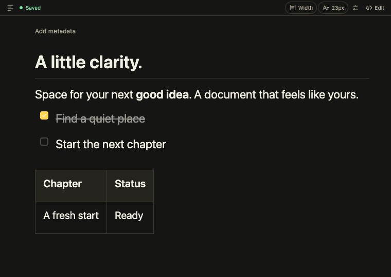 The same sample Markdown document in the Obsidian theme.